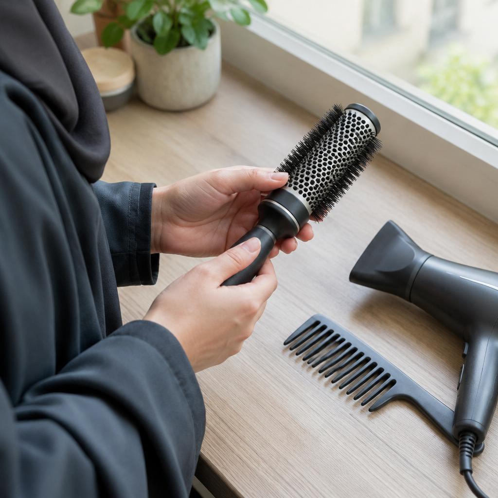 لقطة قريبة ليدين بكم ساتر تمسكان فرشاة تصفيف مستديرة بجانب مجفف شعر قرب نافذة