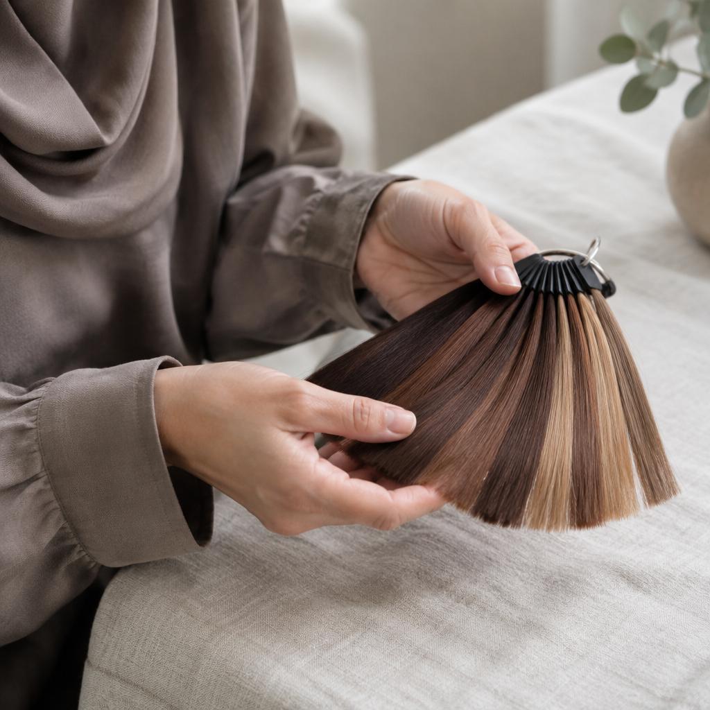 لقطة قريبة ليدين بكمين ساترين تمسكان مروحة عينات ألوان شعر بدرجات بنية وكستنائية فوق قماش كتان فاتح بلا كتابة
