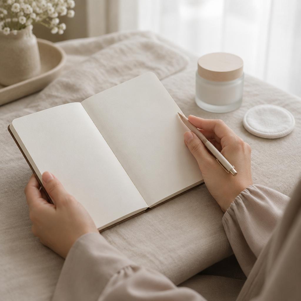 لقطة قريبة ليدين بكمّين ساترين تمسكان دفتر ملاحظات فارغاً وقلماً بجانب برطمان عناية زجاجي بلا كتابة على قماش كتان فاتح