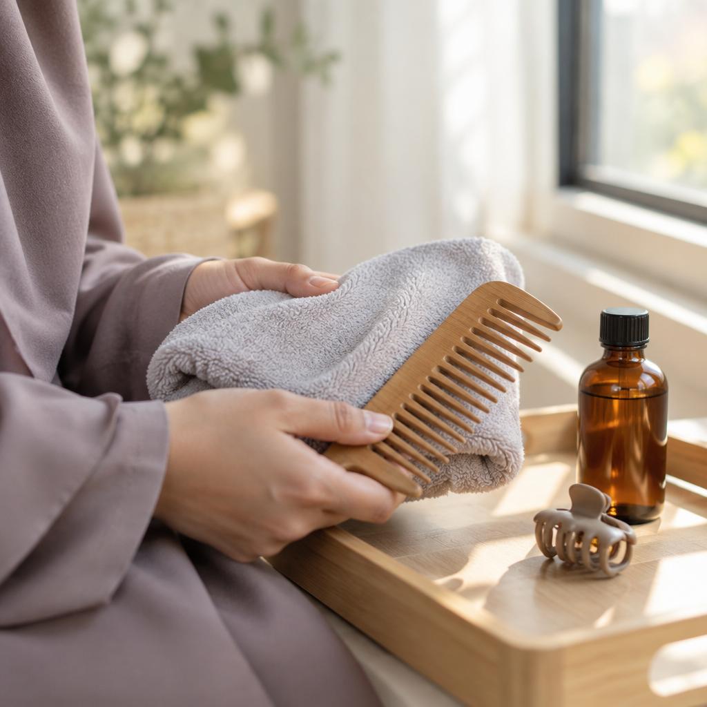 لقطة جانبية ليدين بكمّين ساترين تمسكان منشفة ناعمة مطوية ومشطاً واسع الأسنان بجانب عبوة زجاجية بلا كتابة على صينية خشبية