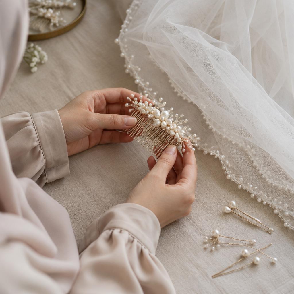 لقطة قريبة من الأعلى ليدين بكمّين ساترين تمسكان مشط شعر مزخرفاً بلؤلؤ وحافة طرحة تول على قماش كتان فاتح